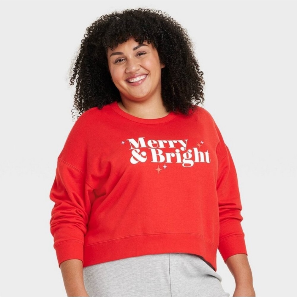 NEW! Women's "Merry & Bright" Holiday Christmas Sweatshirt, Red Sizes 1X and 2X